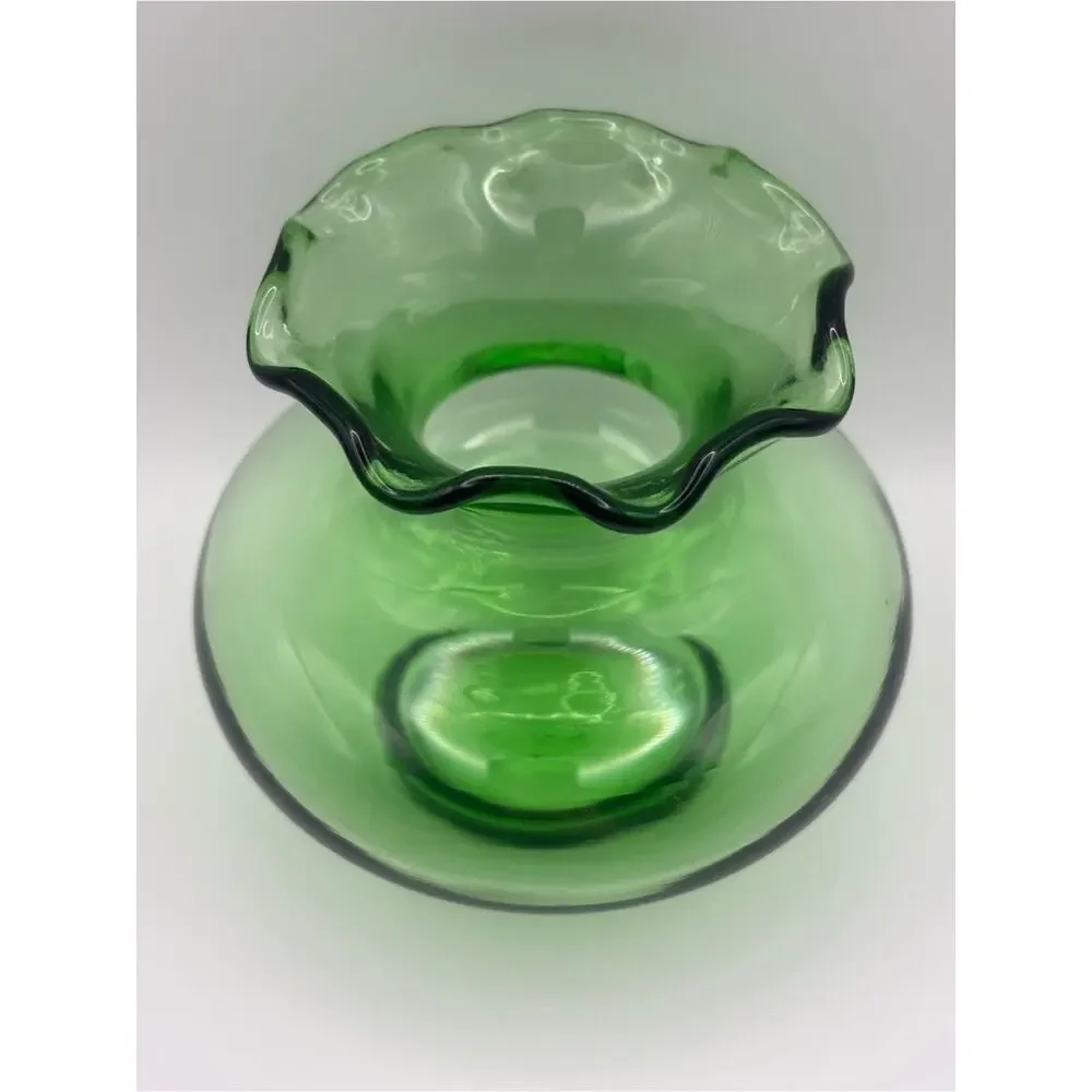 Vintage Anchor Hocking Small Vase Green Glass Ruffled Rim